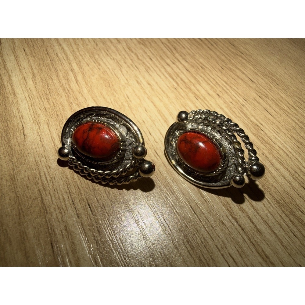 Art "Arthur Pepper" Signed Vintage Agate Gemstone Clip On Earrings Red MCM Retro